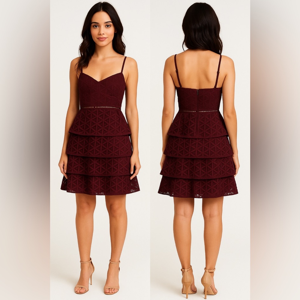 Club Monaco Burgundy Eyelet Bustier Spaghetti Straps Tiered Dress Lined Size 0